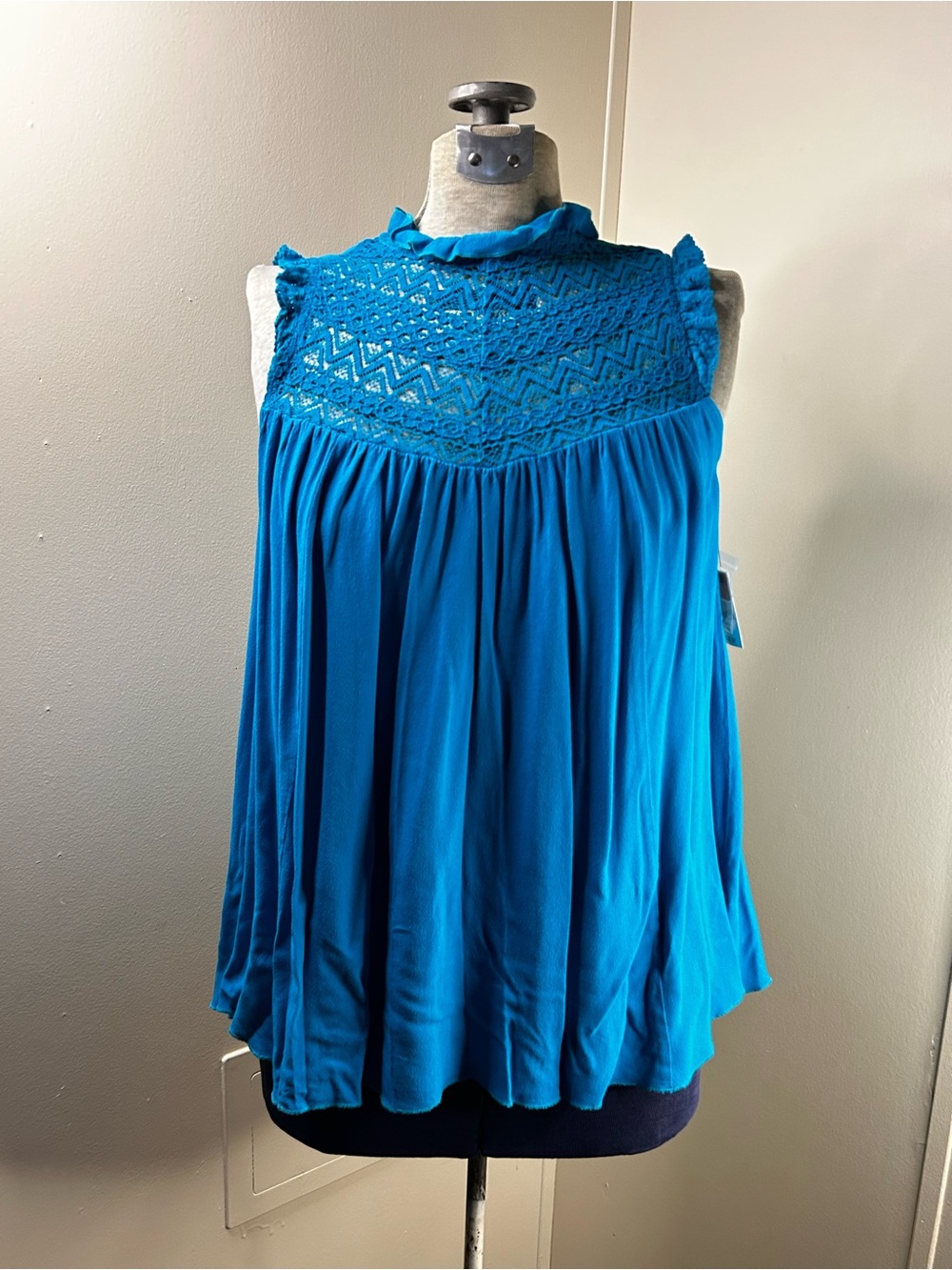 New Blue Tank Top with Lace Neckline